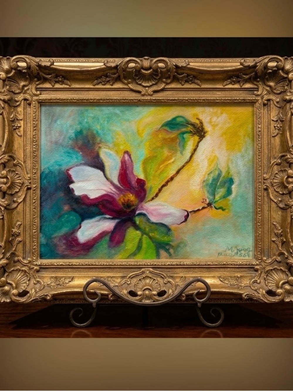Original 1955 Painting on Textured Paper Floral Canvas Art 15x11 approx
